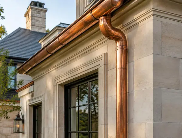 Copper gutter and round downspout on a light stone home
