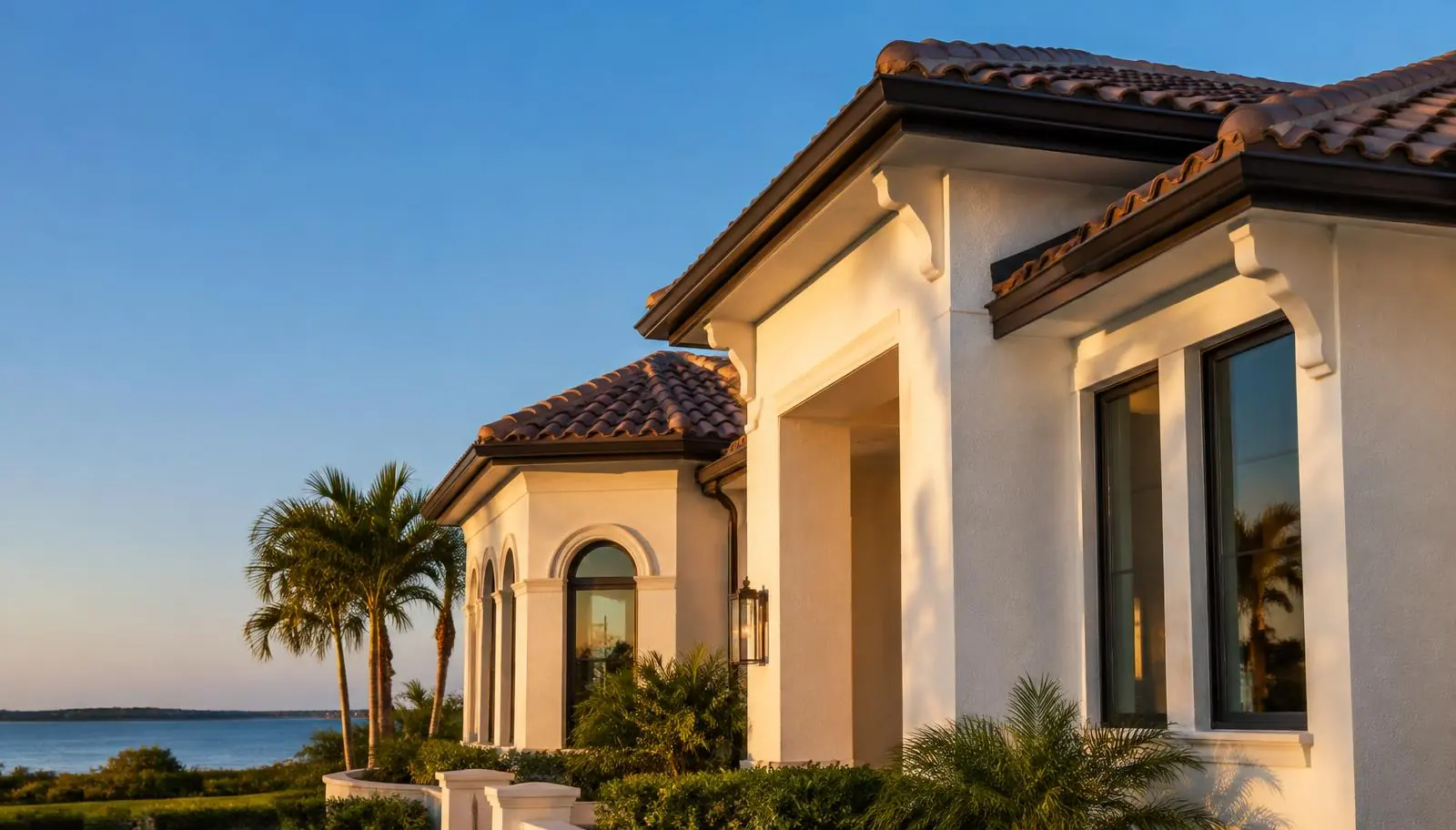 Upscale Florida stucco home with dark seamless gutters along a tile roofline