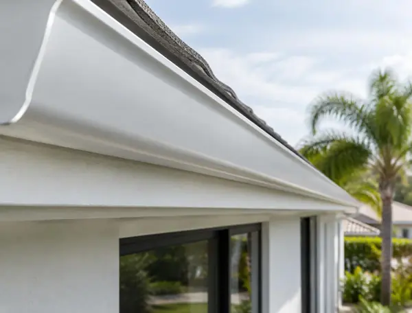Smooth white aluminum gutter along a stucco roofline